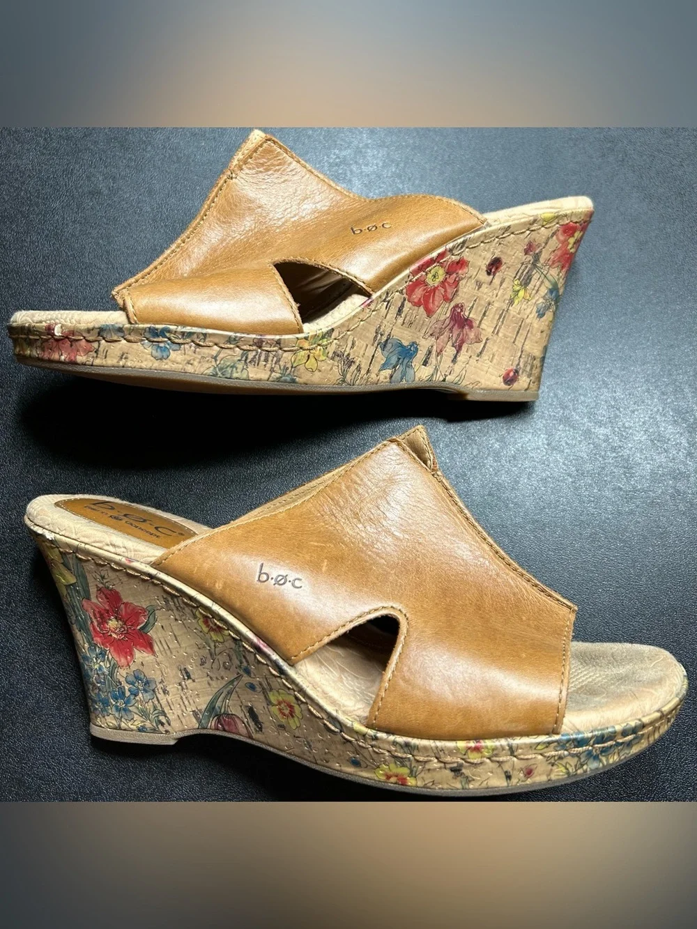 B.O.C. Women's Size 10 Leather Slip On Platform Wedged Cork Floral Sandals
